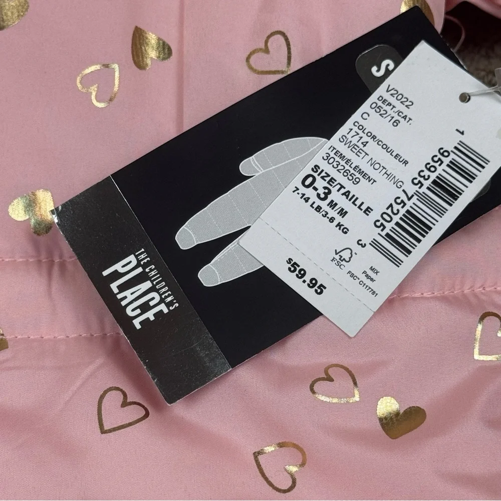 NWT The Children’s Place Pink Gold Metallic Hearts Bunting Snowsuit 0-3 Months